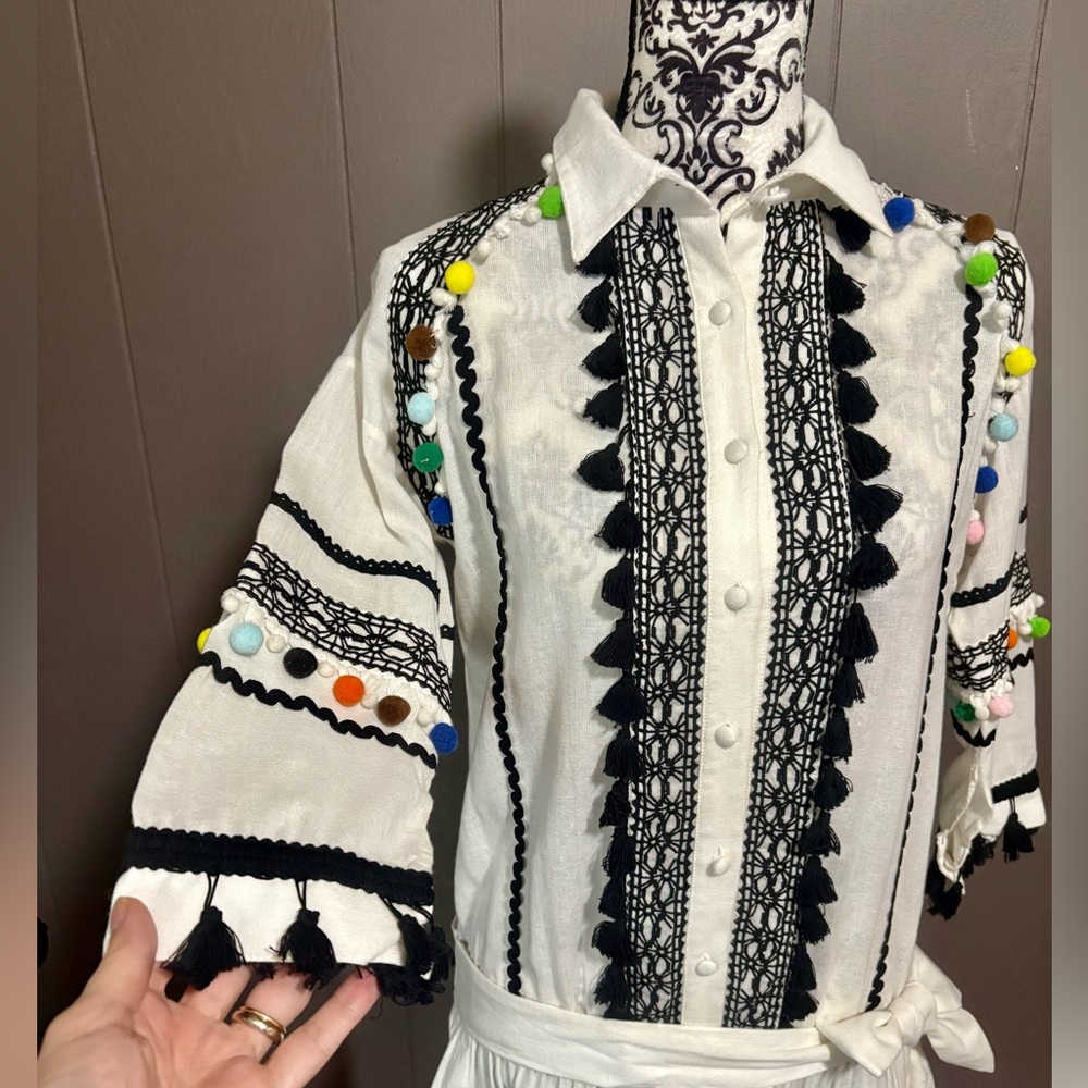 DODO BAR OR Delilah White and Black Embroidered Romper with Colorful Pom Pom - Picture 3 of 9